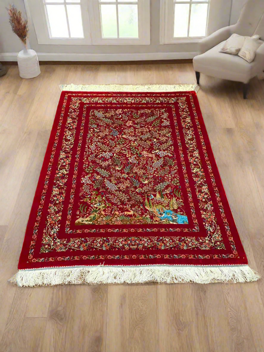 Exquisite 100% Silk Persian Design Rug – Elegant and Luxurious, size 3" x 5" (H)