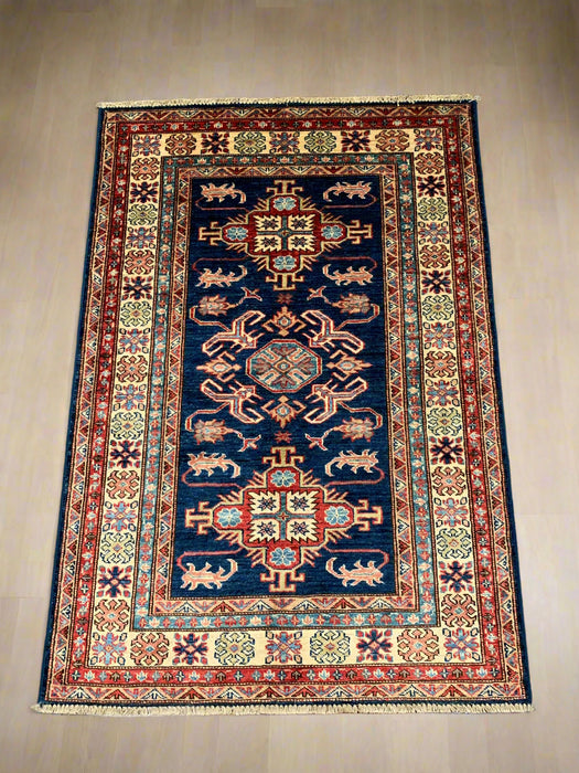 Hand-Knotted Vegetable Dye Kazak Rug from Pakistan, size 3' 4" x 5"