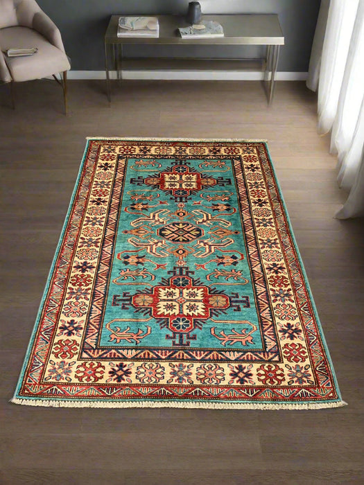 Hand-Knotted Vegetable Dye Kazak Rug from Pakistan, size 3' 5" x 5"