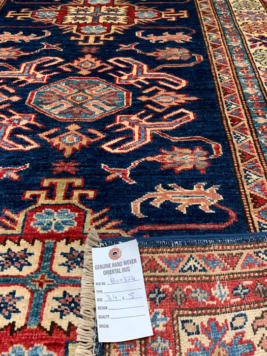 Hand-Knotted Vegetable Dye Kazak Rug from Pakistan, size 3' 4" x 5"
