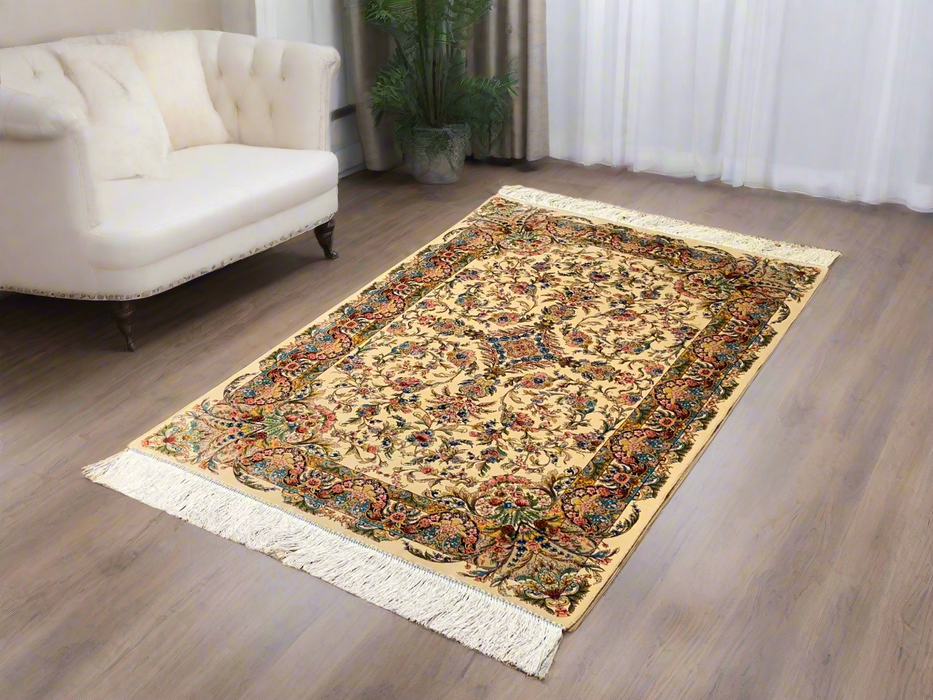 Exquisite 100% Silk Persian Design Rug – Elegant and Luxurious, size 3" x 5" (H)