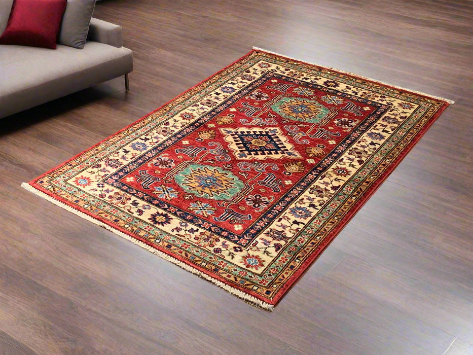 Hand-Knotted Vegetable Dye Kazak Rug from Pakistan, size 3' 4" x 5"