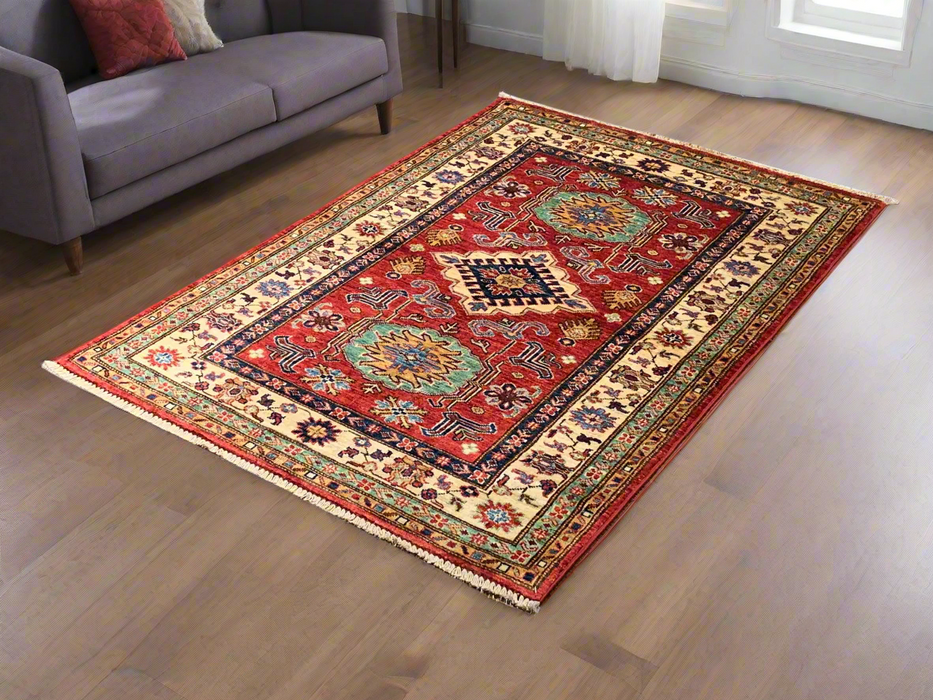 Hand-Knotted Vegetable Dye Kazak Rug from Pakistan, size 3' 4" x 5"