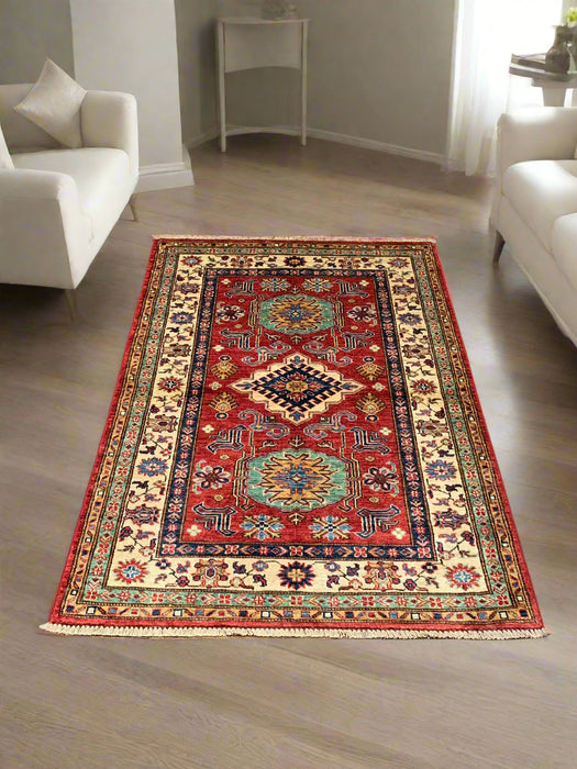 Hand-Knotted Vegetable Dye Kazak Rug from Pakistan, size 3' 4" x 5"