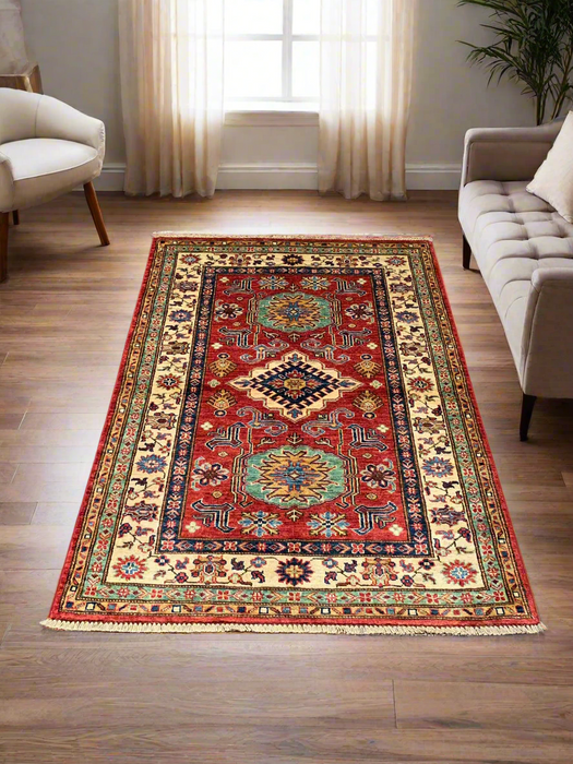 Hand-Knotted Vegetable Dye Kazak Rug from Pakistan, size 3' 4" x 5"