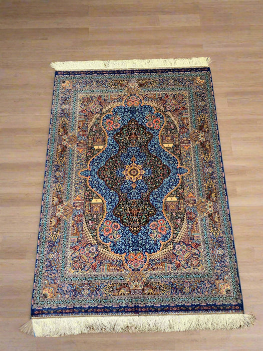 Exquisite 100% Silk Persian Design Rug – Elegant and Luxurious, size 3" x 5" (H)
