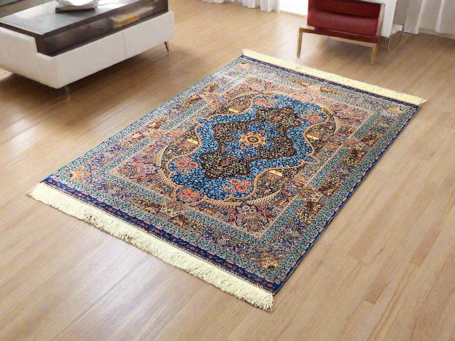 Exquisite 100% Silk Persian Design Rug – Elegant and Luxurious, size 3" x 5" (H)