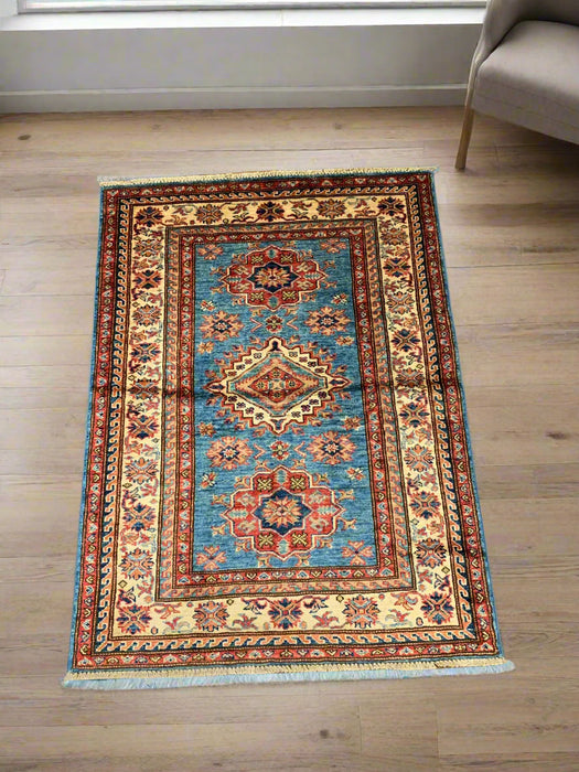 Hand-Knotted Vegetable Dye Kazak Rug from Pakistan, size 3' 6" x 4' 7"