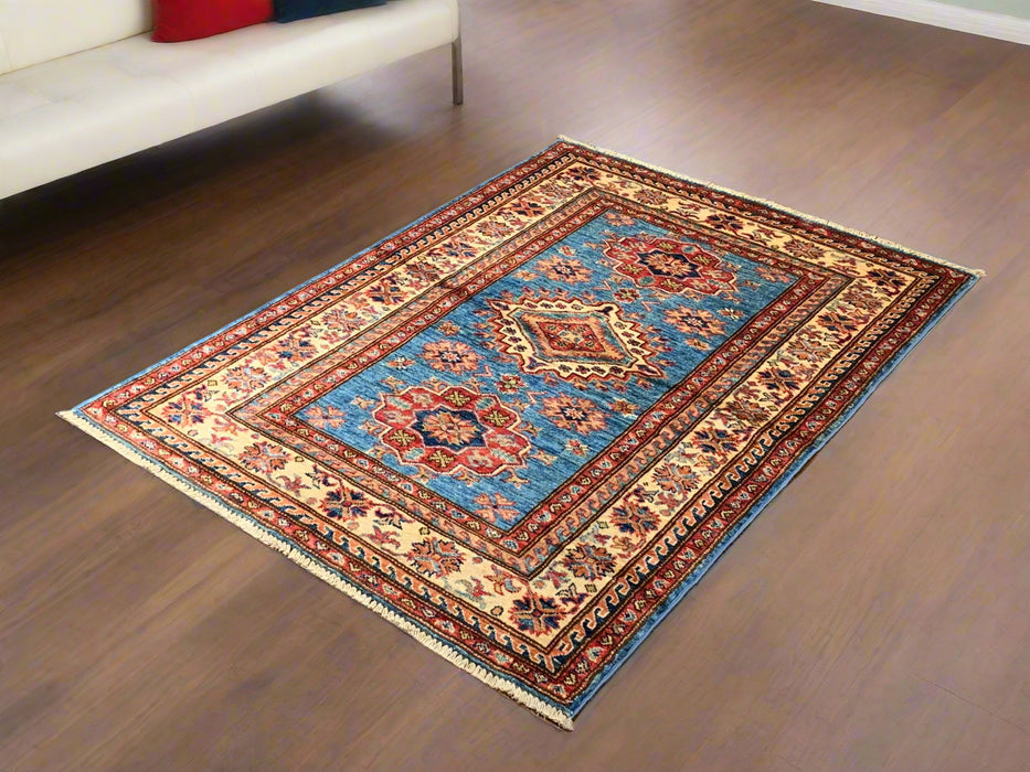 Hand-Knotted Vegetable Dye Kazak Rug from Pakistan, size 3' 6" x 4' 7"
