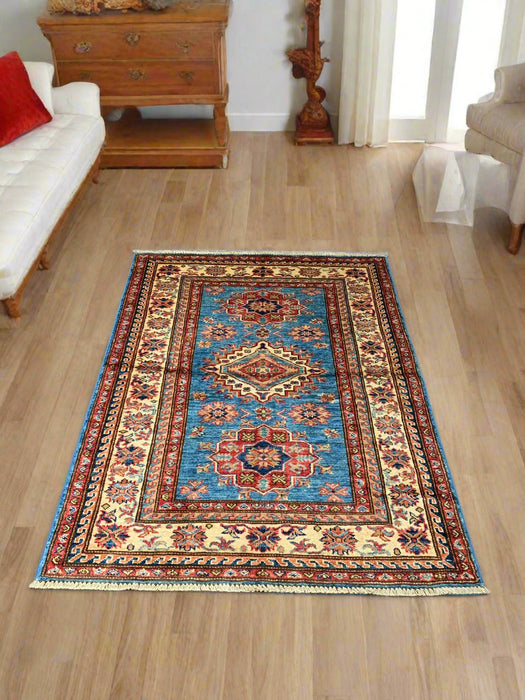 Hand-Knotted Vegetable Dye Kazak Rug from Pakistan, size 3' 6" x 4' 7"