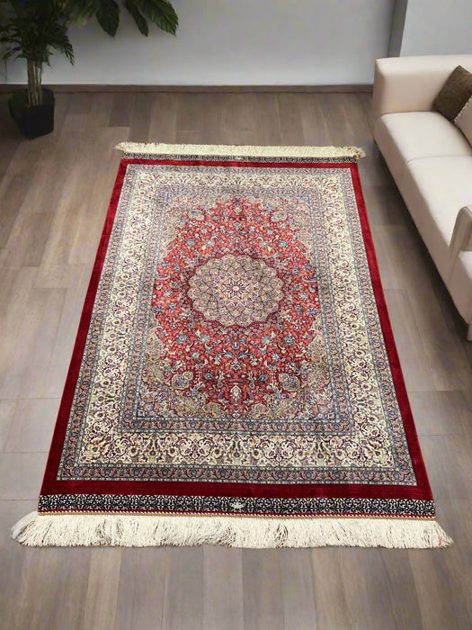 Exquisite 100% Silk Persian Design Rug – Elegant and Luxurious, size 3" x 5" (H)