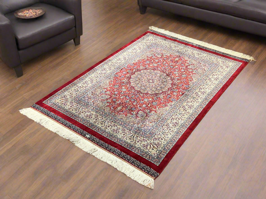 Exquisite 100% Silk Persian Design Rug – Elegant and Luxurious, size 3" x 5" (H)