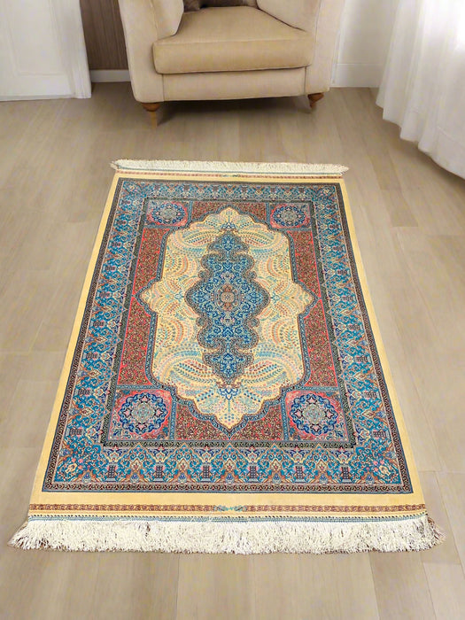 Exquisite 100% Silk Persian Design Rug – Elegant and Luxurious, size 3" x 5" (H)