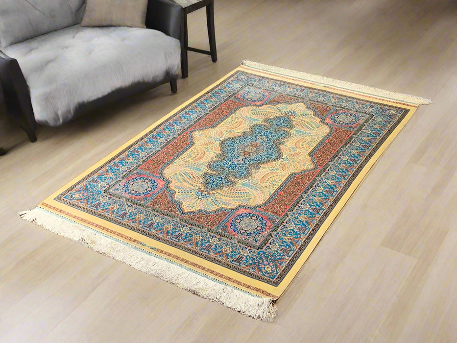 Exquisite 100% Silk Persian Design Rug – Elegant and Luxurious, size 3" x 5" (H)