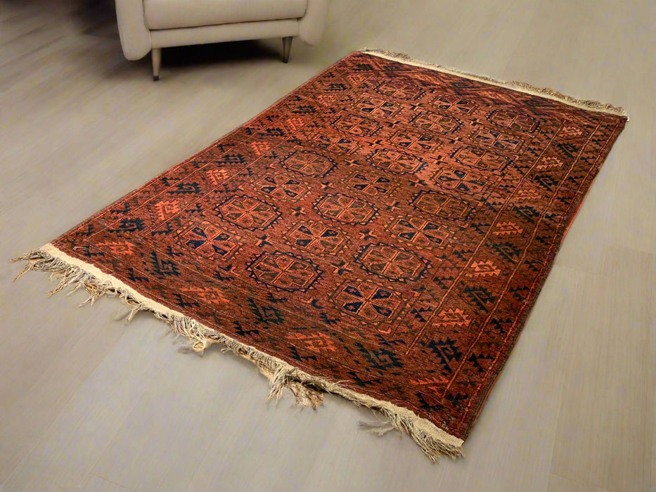 Terkaman Tribal Afghan Oriental Rug, size 4' 10" x 7" (C) Fielpa vintage