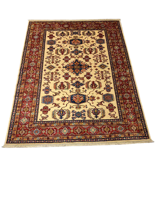 Hand-Knotted Vegetable Dye Kazak Rug from Pakistan, size 5' 11" x 8"