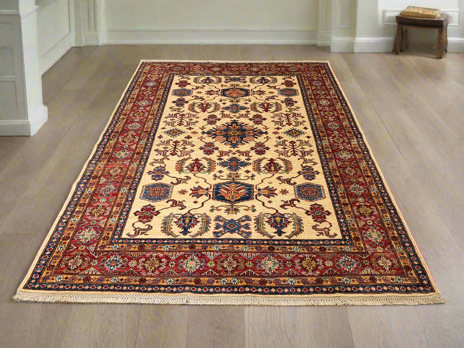Hand-Knotted Vegetable Dye Kazak Rug from Pakistan, size 5' 11" x 8"