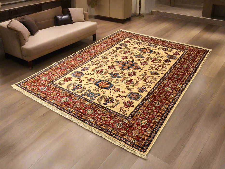 Hand-Knotted Vegetable Dye Kazak Rug from Pakistan, size 5' 11" x 8"