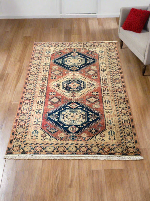 Hand-Knotted Vegetable Dye Kazak Rug from Pakistan, size 5' 9" x 7' 9"