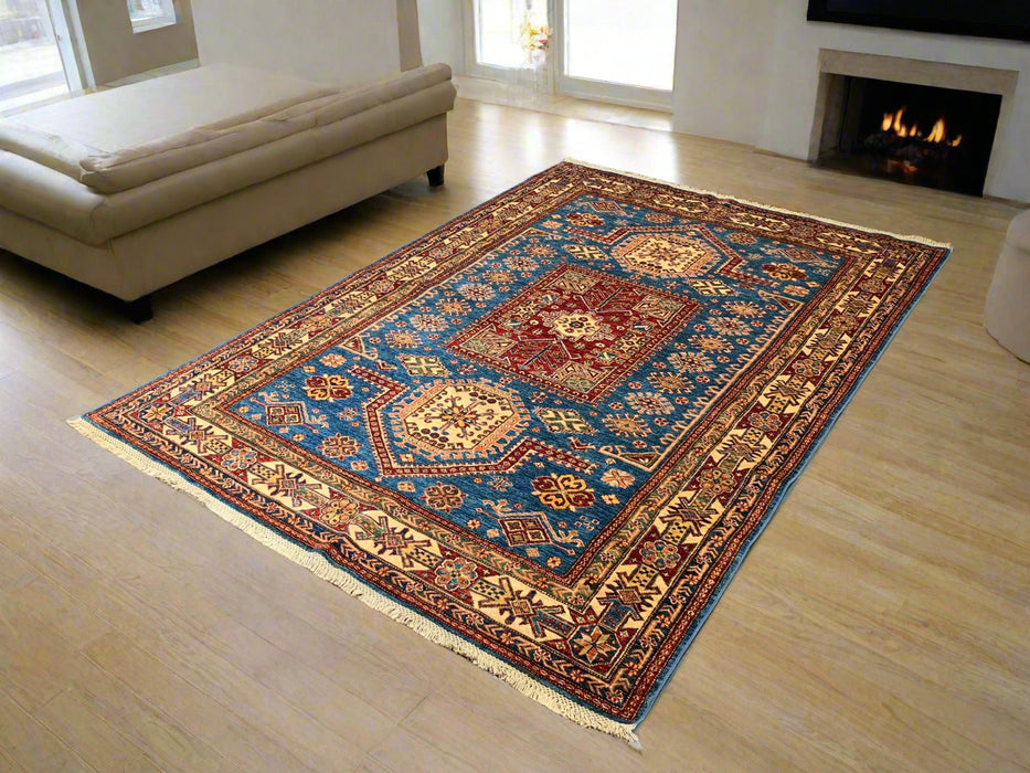 Hand-Knotted Vegetable Dye Kazak Rug from Pakistan, size 5' 7" X 7' 10"