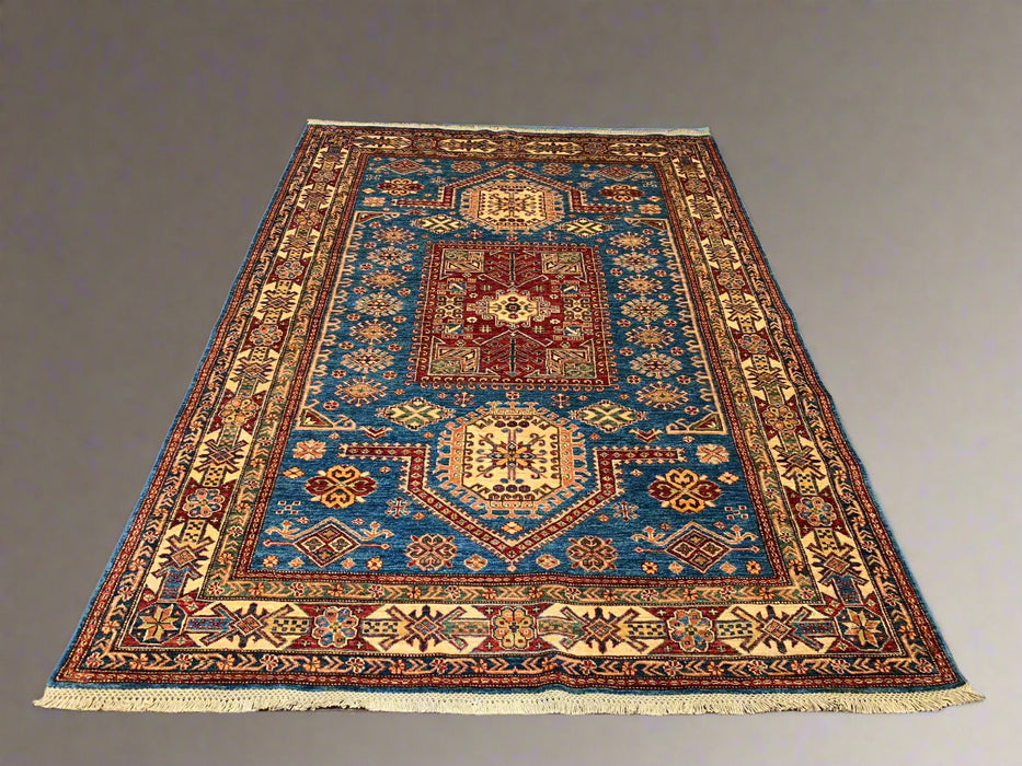 Hand-Knotted Vegetable Dye Kazak Rug from Pakistan, size 5' 7" X 7' 10"