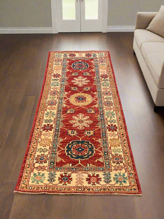 Hand-Knotted Vegetable Dye Kazak Rug from Pakistan, size 2' 9" x 6' 8"