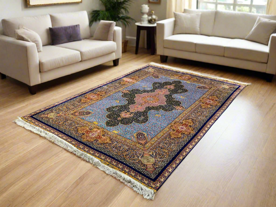 Exquisite 100% Silk Persian Design Rug – Elegant and Luxurious, size  6' 7" x 9' 9"