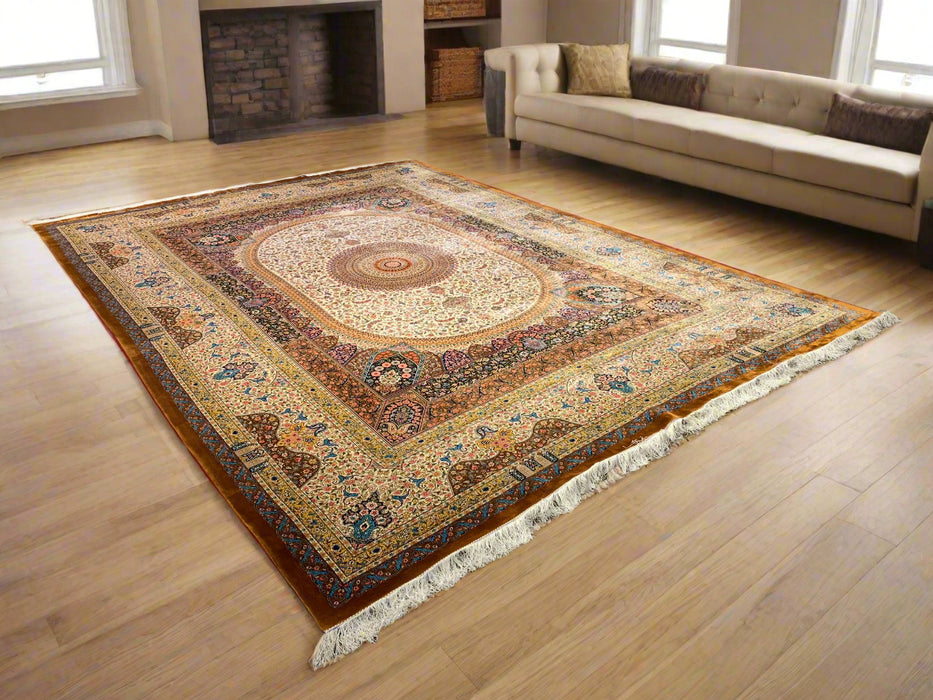 Exquisite 100% Silk Persian Design Rug – Elegant and Luxurious, size  9' 8" x 13' 3"