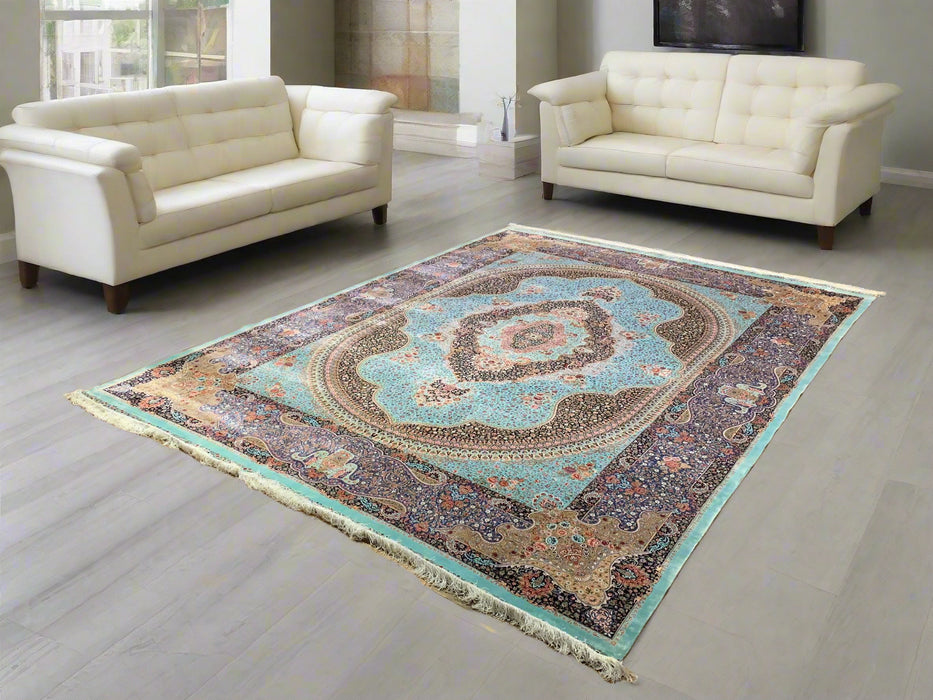 Exquisite 100% Silk Persian Design Rug – Elegant and Luxurious, size 8' 2" x 11' 1"