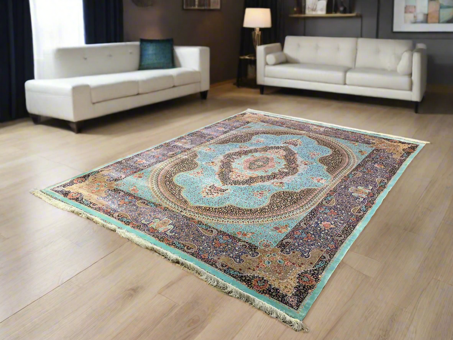 Exquisite 100% Silk Persian Design Rug – Elegant and Luxurious, size 8' 2" x 11' 1"
