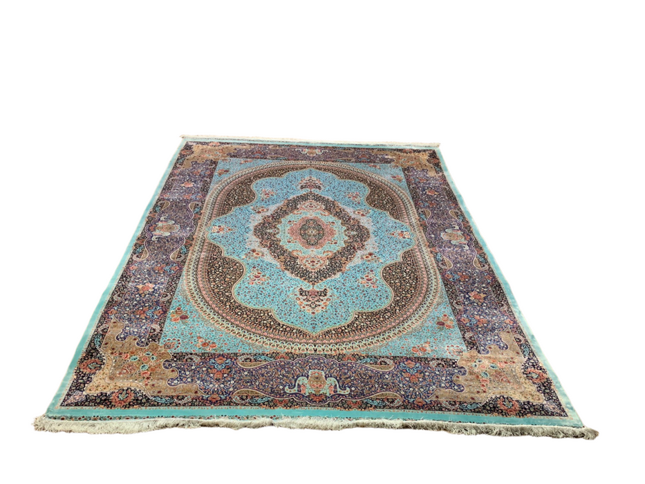 Exquisite 100% Silk Persian Design Rug – Elegant and Luxurious, size 8' 2" x 11' 1"