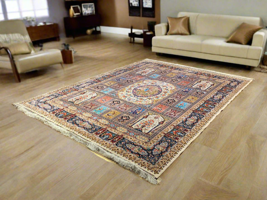 Exquisite 100% Silk Persian Design Rug – Elegant and Luxurious, size 8' 3" x 11' 2"