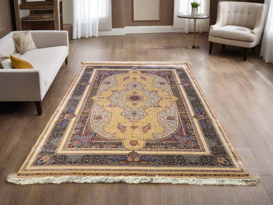 Exquisite 100% Silk Persian Design Rug – Elegant and Luxurious, size 6' 7" x 9' 7"
