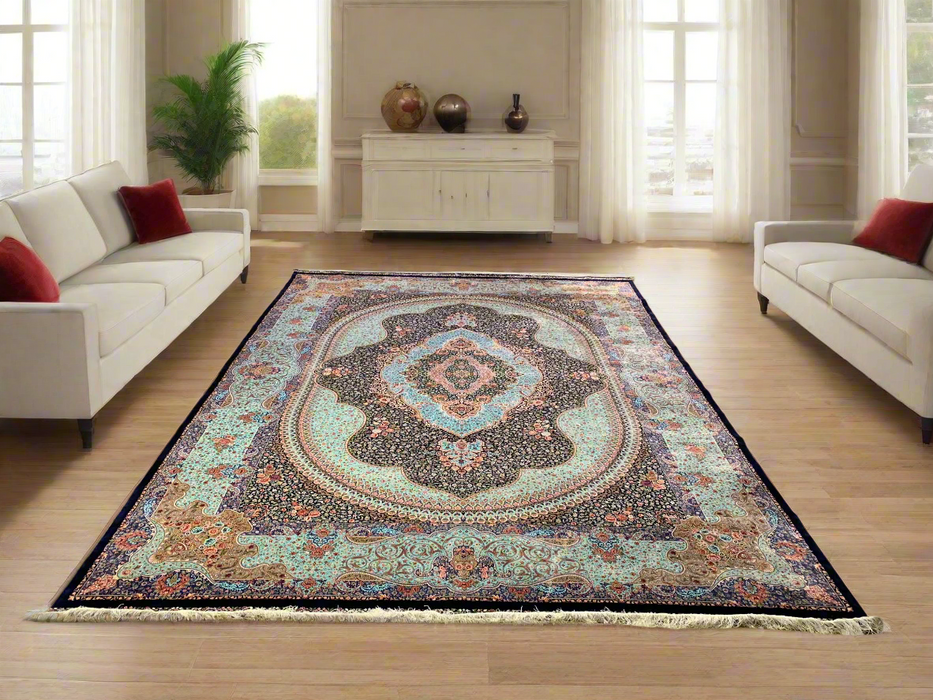 Exquisite 100% Silk Persian Design Rug – Elegant and Luxurious, size 8' 1" x 11' 2"