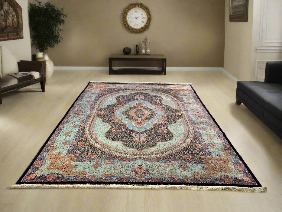 Exquisite 100% Silk Persian Design Rug – Elegant and Luxurious, size 8' 1" x 11' 2"
