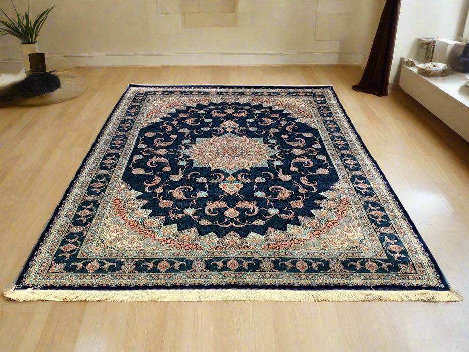 Exquisite 100% Silk Persian Design Rug – Elegant and Luxurious, size 6' 6" x 9' 8"