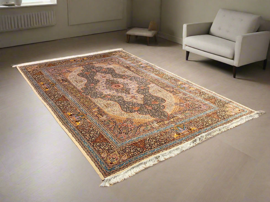Exquisite 100% Silk Persian Design Rug – Elegant and Luxurious, size 6' 6" x 9' 9"