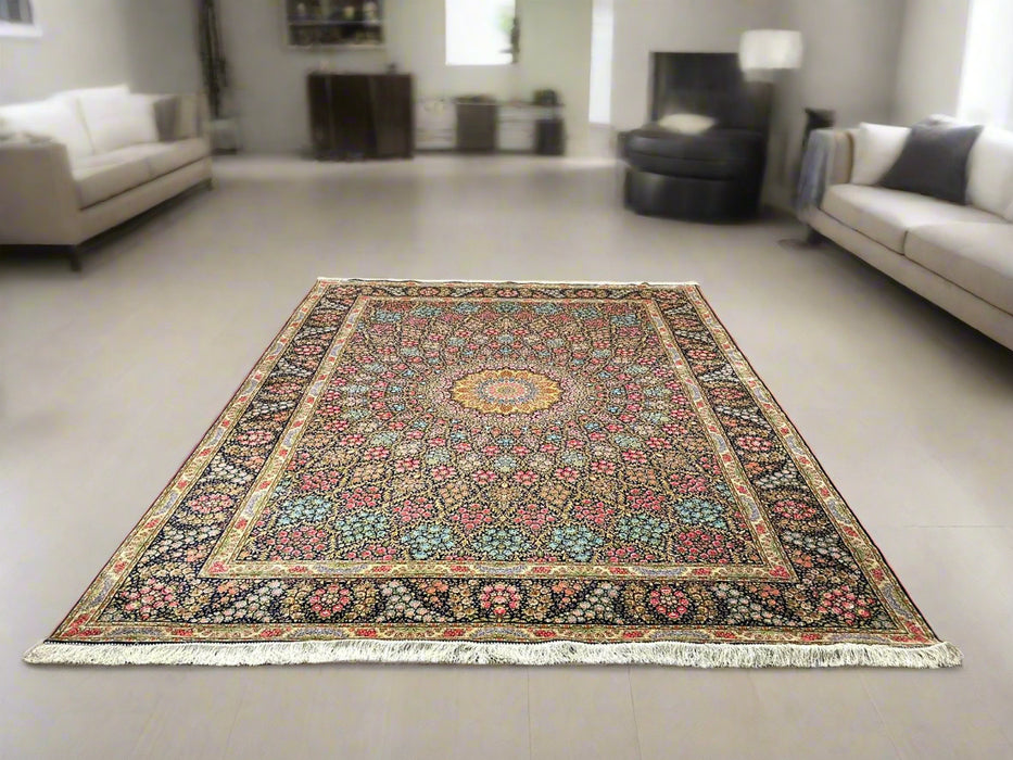 Exquisite 100% Silk Persian Design Rug – Elegant and Luxurious, size 7' 9" x 11' 3"