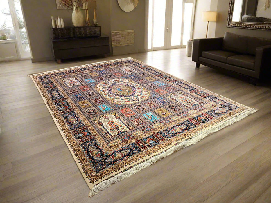 Exquisite 100% Silk Persian Design Rug – Elegant and Luxurious, size  8' 3" x 11' 2"