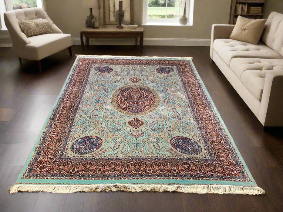Exquisite 100% Silk Persian Design Rug – Elegant and Luxurious, size  6' 5" x 9' 7"