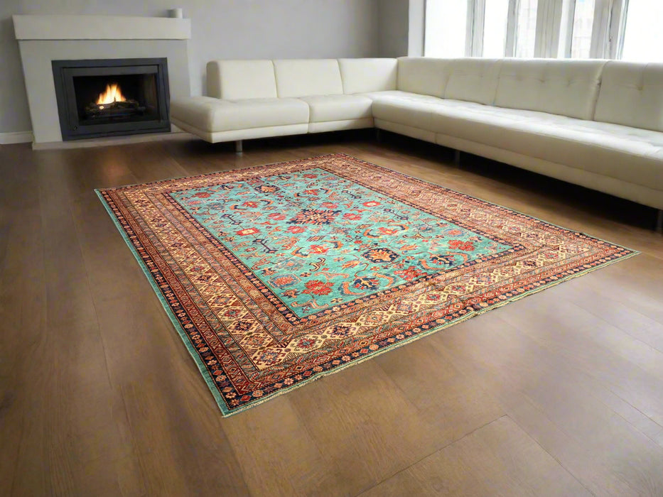 Hand-Knotted Vegetable Dye Kazak Rug from Pakistan, size 10" x 13"