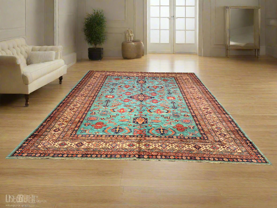 Hand-Knotted Vegetable Dye Kazak Rug from Pakistan, size 10" x 13"
