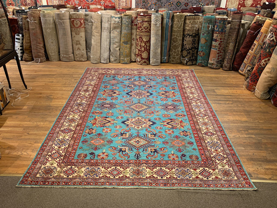 Hand-Knotted Vegetable Dye Kazak Rug from Pakistan, size 9" x 12"