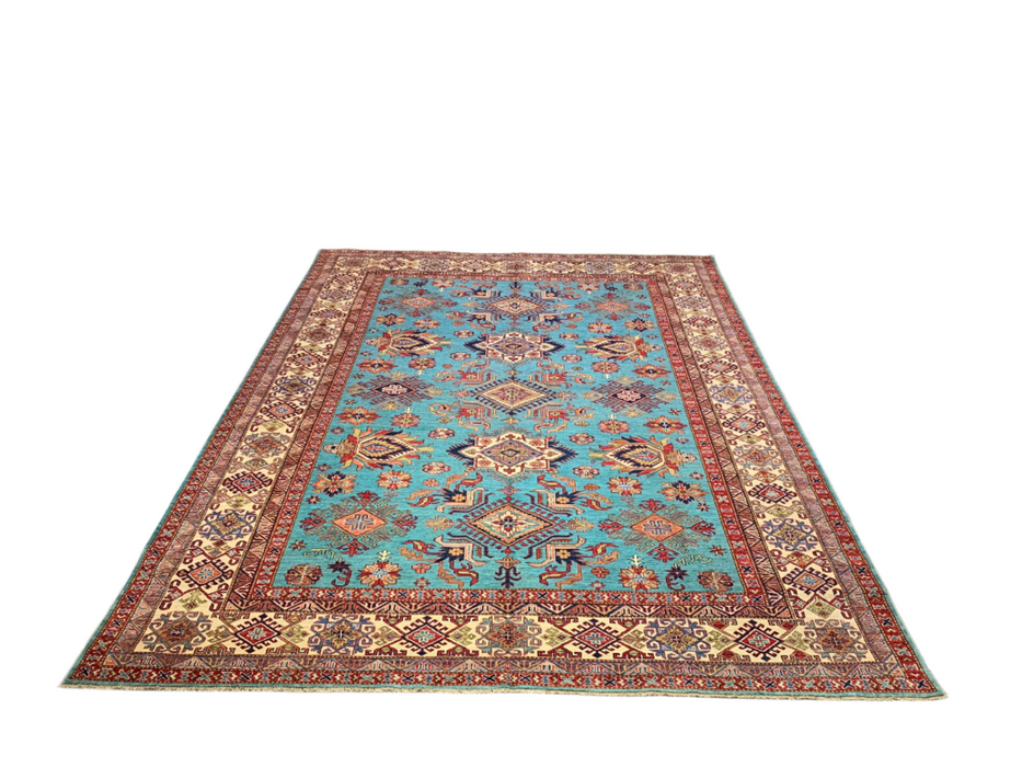 Hand-Knotted Vegetable Dye Kazak Rug from Pakistan, size 9" x 12"