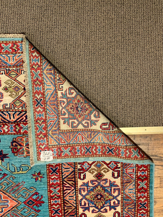 Hand-Knotted Vegetable Dye Kazak Rug from Pakistan, size 9" x 12"