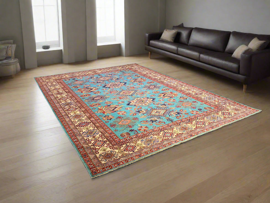 Hand-Knotted Vegetable Dye Kazak Rug from Pakistan, size 9" x 12"