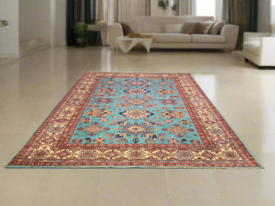 Hand-Knotted Vegetable Dye Kazak Rug from Pakistan, size 9" x 12"