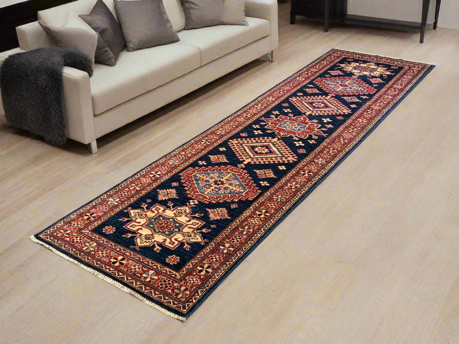 Hand-Knotted Vegetable Dye Kazak Rug from Pakistan, size 2' 8" x 9' 10"