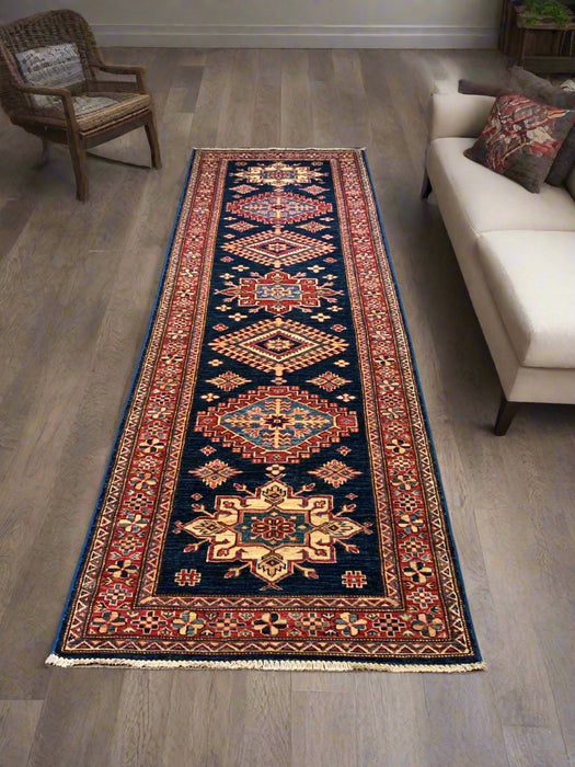 Hand-Knotted Vegetable Dye Kazak Rug from Pakistan, size 2' 8" x 9' 10"