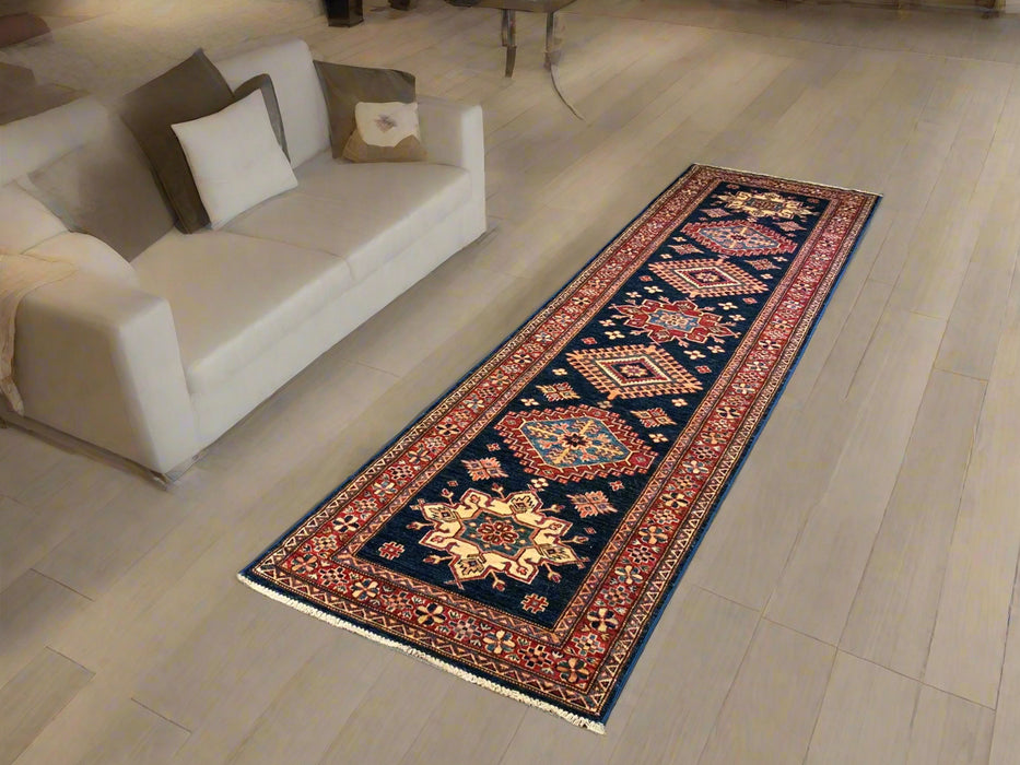 Hand-Knotted Vegetable Dye Kazak Rug from Pakistan, size 2' 8"x 9' 10"